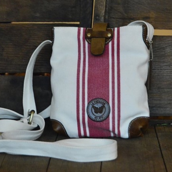 Le Papillon-white/burgundy stripe canvas/leather accent crossbody bag-LAST1! NWT - Picture 3 of 4